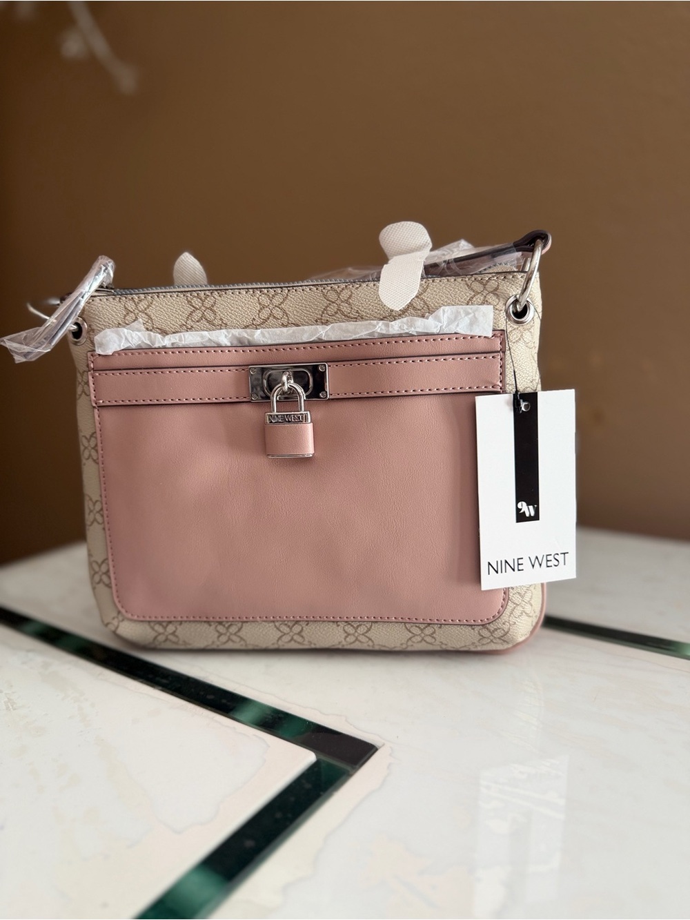 Nine West Pink & Beige Patterned Crossbody with Front Lock